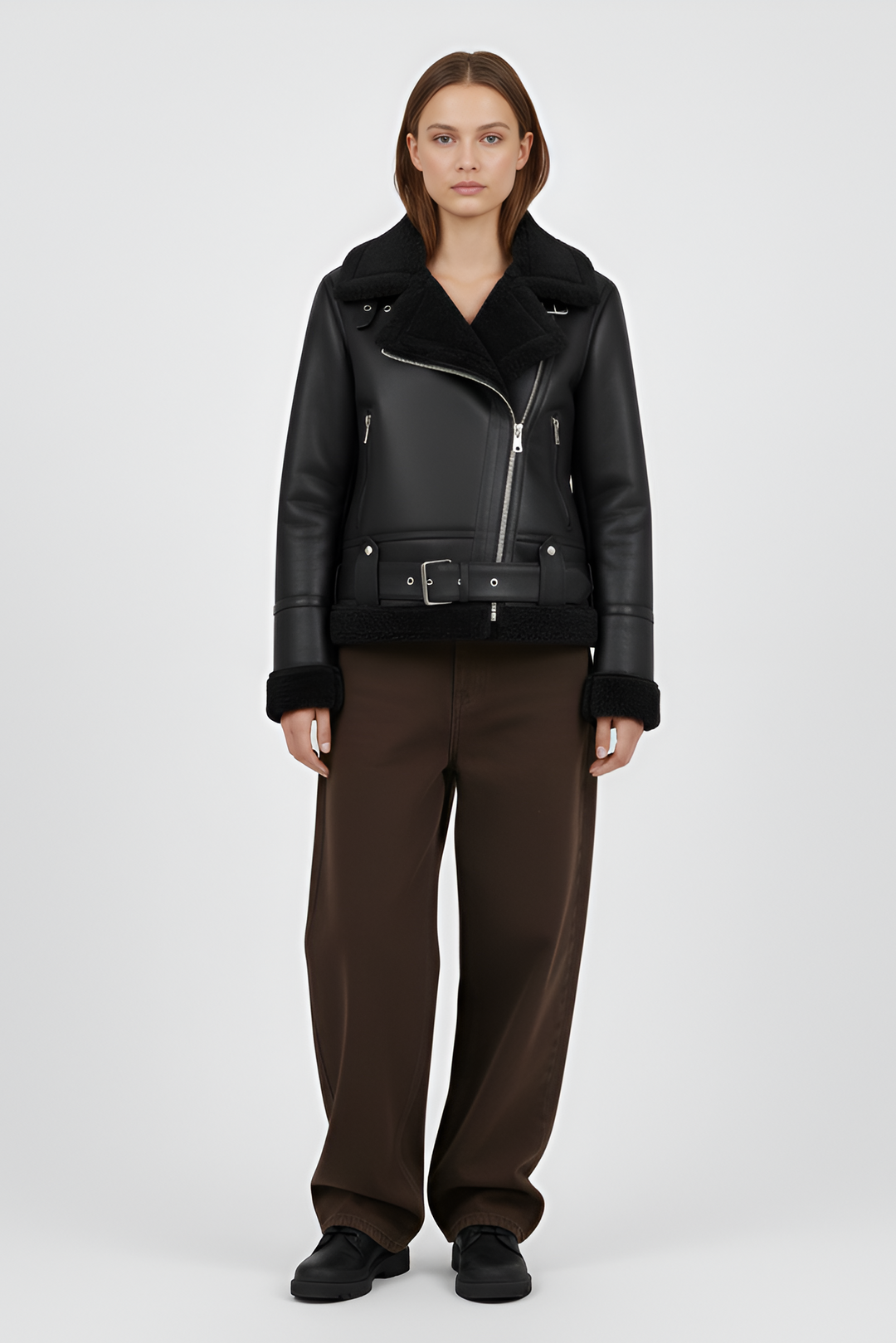 Woman wearing a black shearling jacket and pants on a light gray background