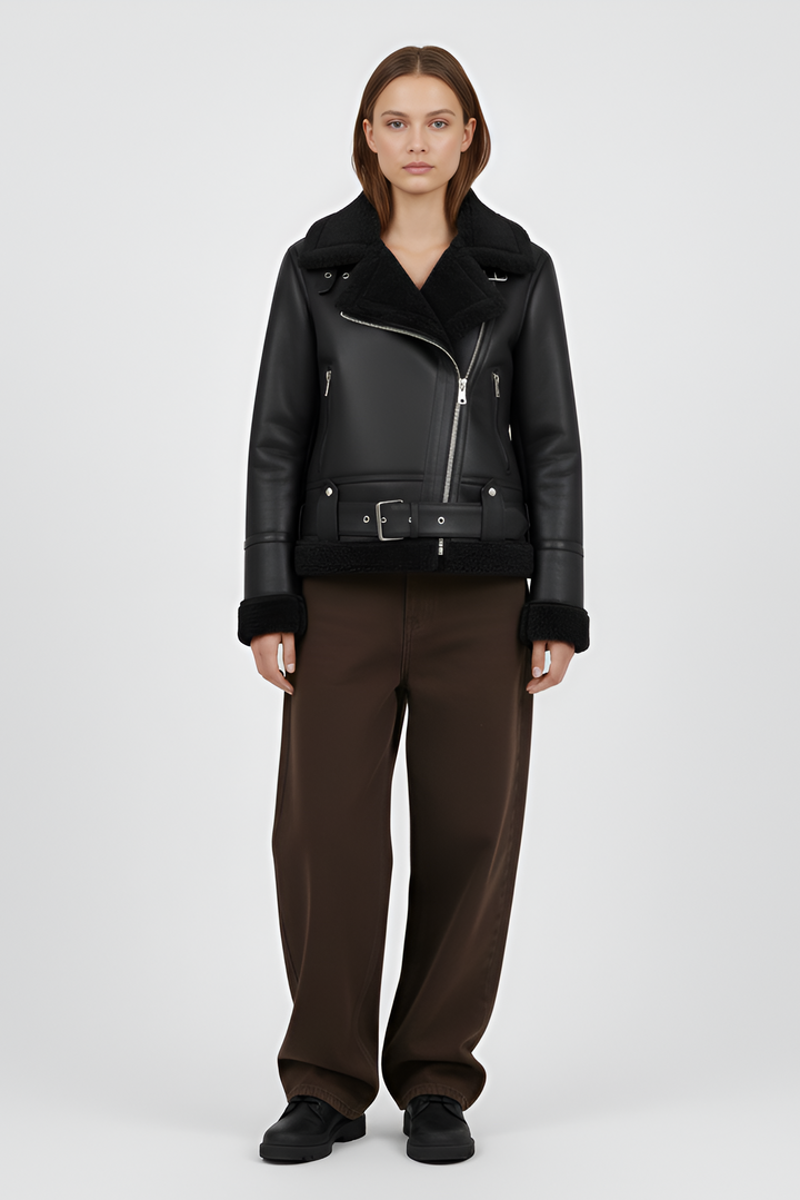 Woman wearing a black shearling jacket and pants on a light gray background