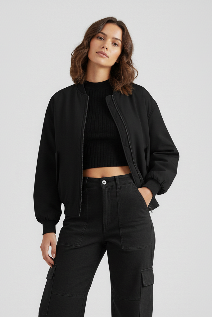 Woman wearing a black jacket and pants on a light gray background