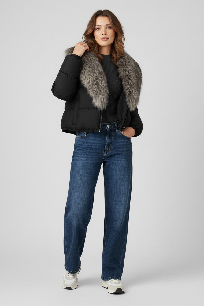 Woman wearing a black jacket with fur collar and blue jeans on a white background