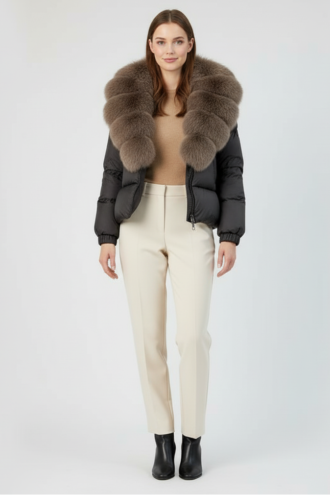 Woman wearing a black jacket with fur collar and cream pants on a white background