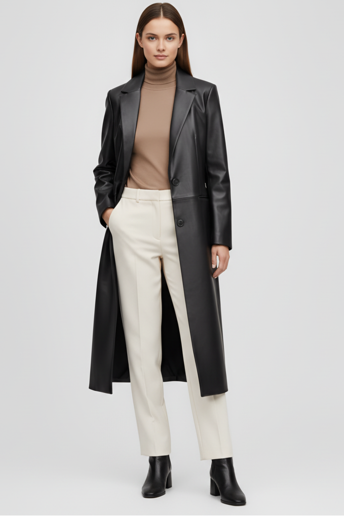 Woman wearing a black leather coat, beige turtleneck, white pants, and black boots on a light gray background