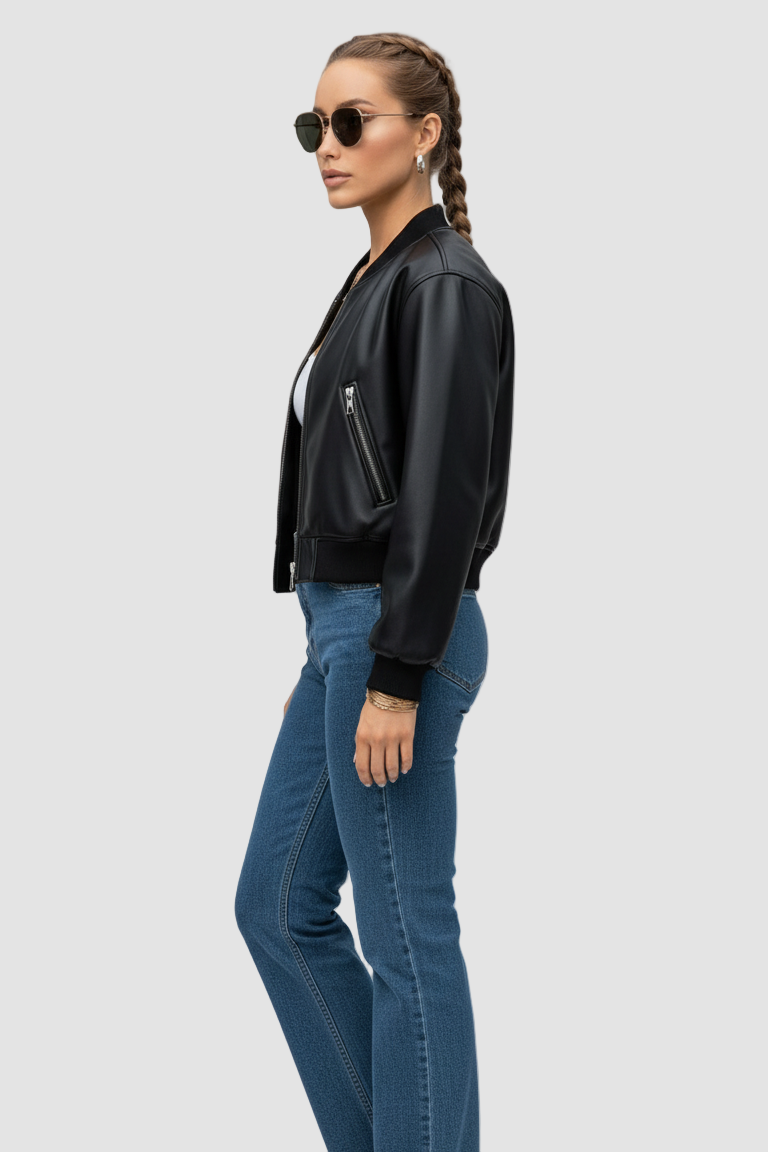 Woman wearing a black leather jacket and blue jeans on a gray background