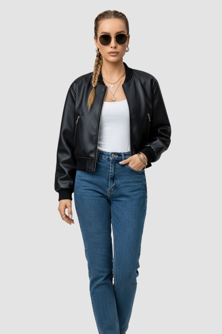 Woman wearing a black leather jacket, white top, blue jeans, and black boots on a gray background