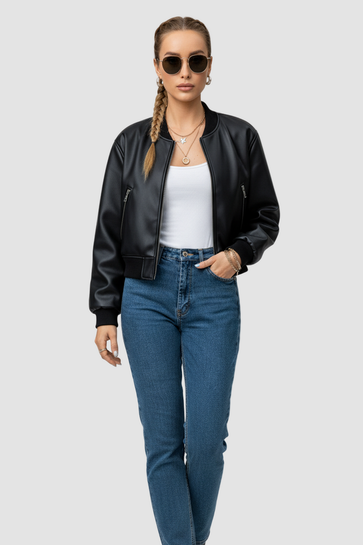 Woman wearing a black leather jacket, white top, blue jeans, and black boots on a gray background