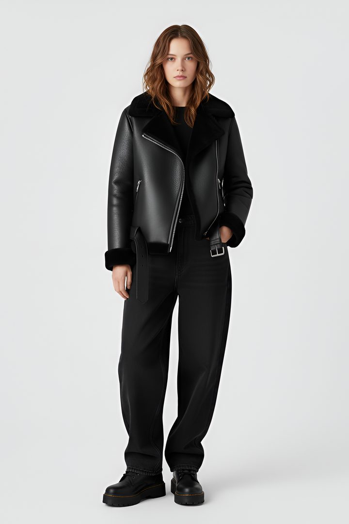 Woman wearing a black leather jacket with a fur collar and carrying a matching black handbag on a white background.