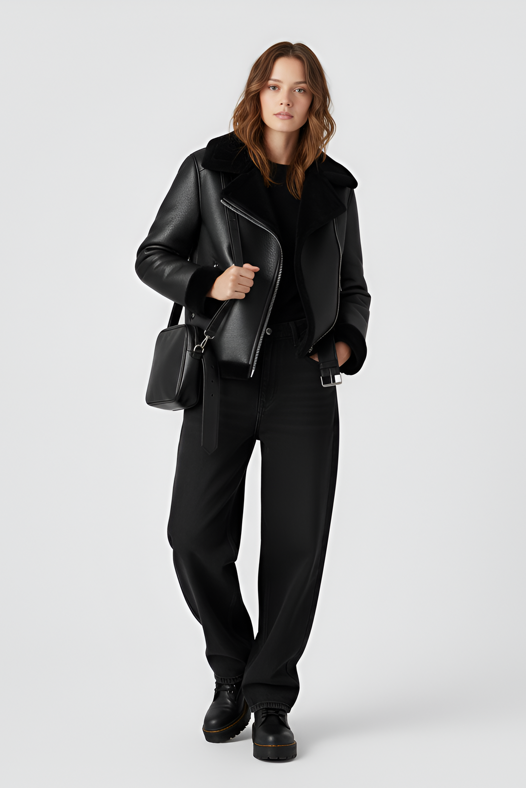 Woman wearing a black leather jacket with a fur collar and carrying a matching black handbag on a white background.