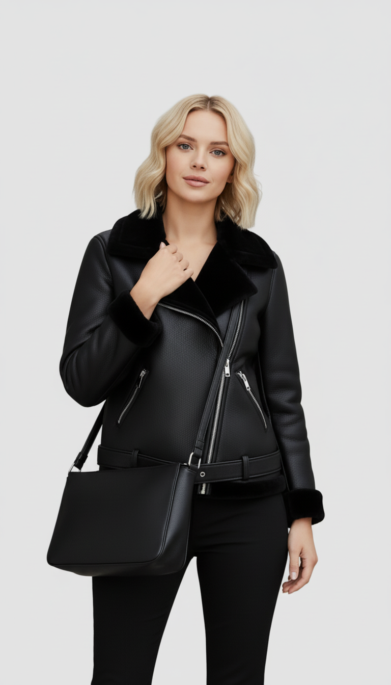 Woman wearing a black leather jacket with a fur collar and carrying a matching black handbag on a white background.
