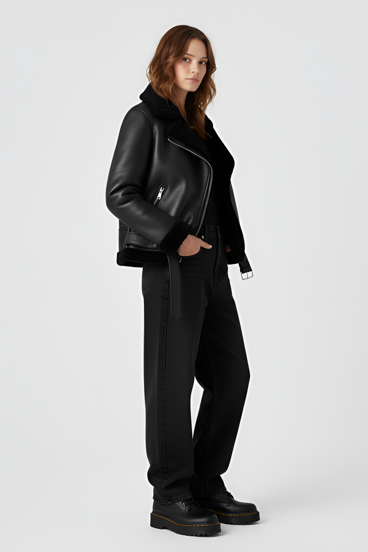 Woman wearing a black leather jacket with a fur collar and carrying a matching black handbag on a white background.