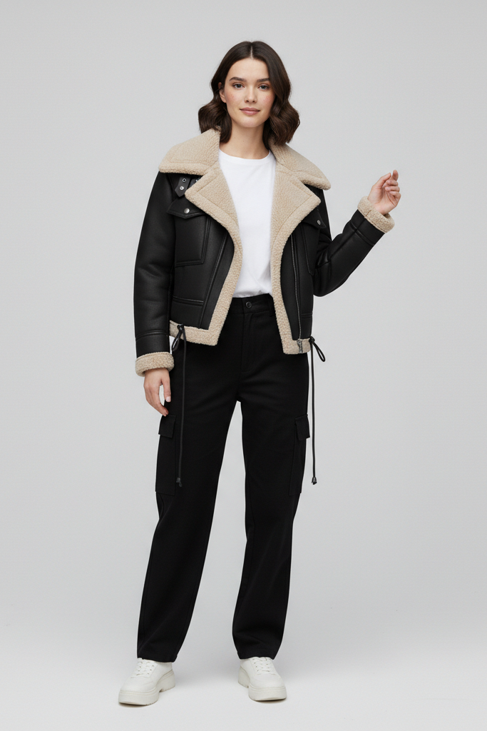 Woman wearing a black leather jacket with beige shearling collar on a white background