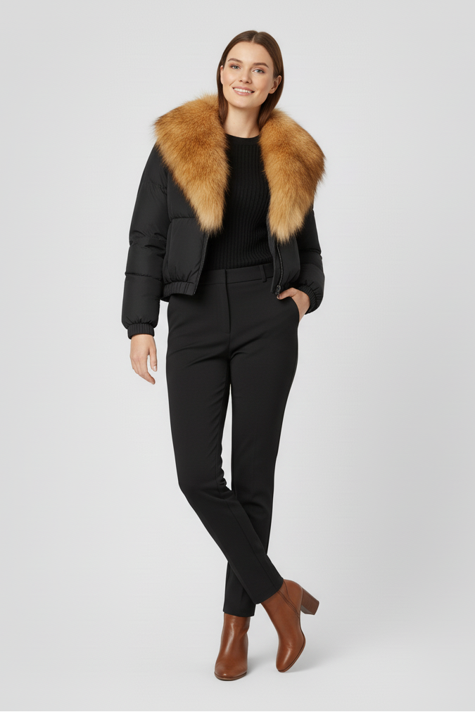 Woman wearing a black outfit with a fur-lined jacket on a white background