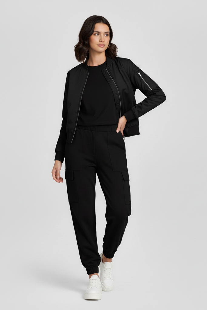 Woman wearing a black outfit with a jacket and pants on a white background