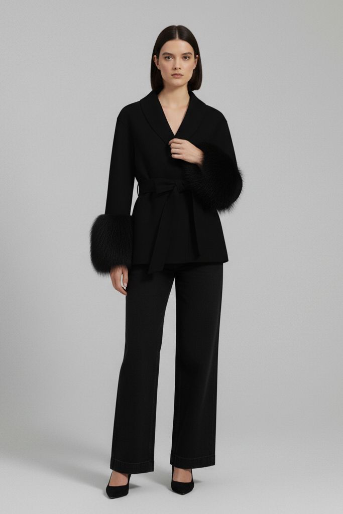 Woman wearing a black outfit with fur accents on a gray background