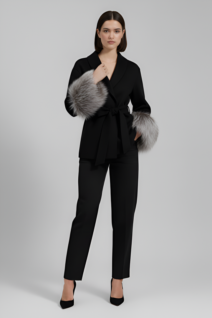 MARELLYN – Manteau en laine, poignets en fourrure, ceinture, élégance douce