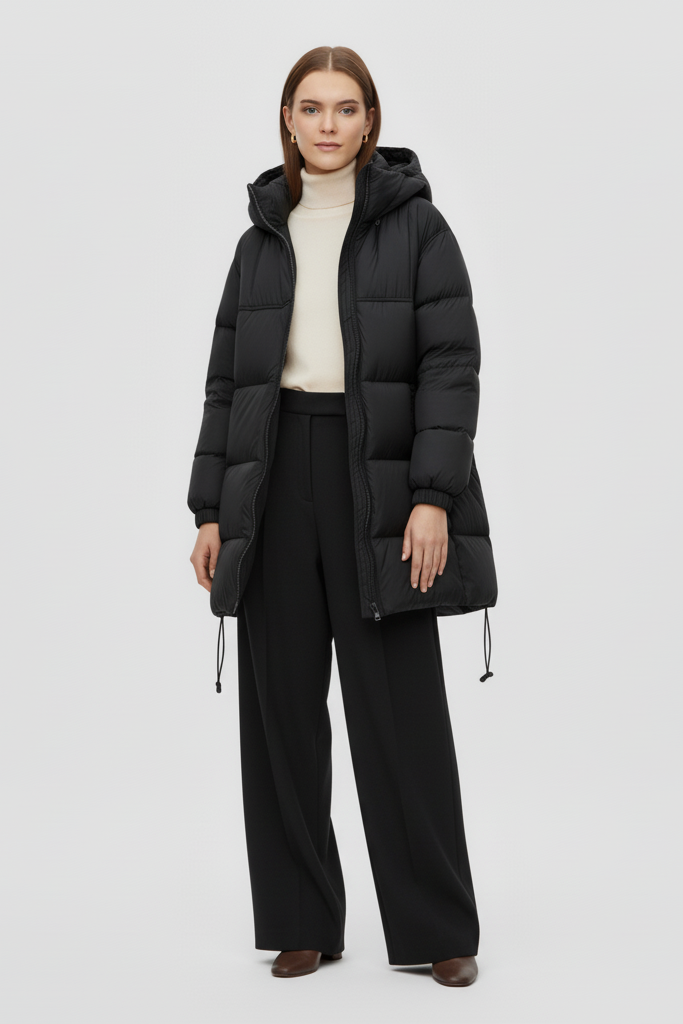 Woman wearing a black puffer coat on a white background