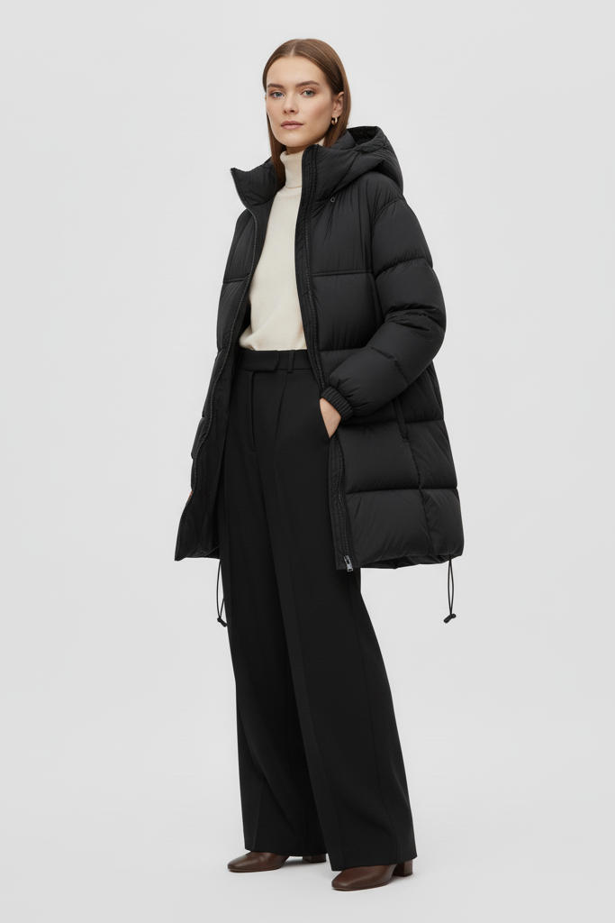 Woman wearing a black puffer coat on a white background