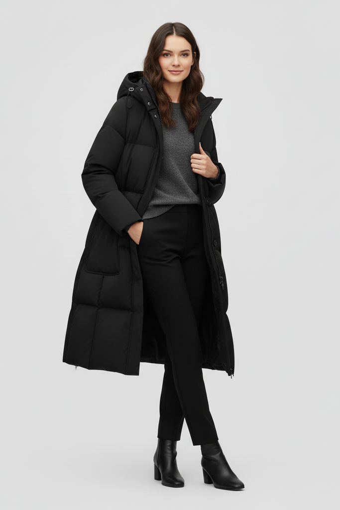 Woman wearing a black puffer coat on a light gray background