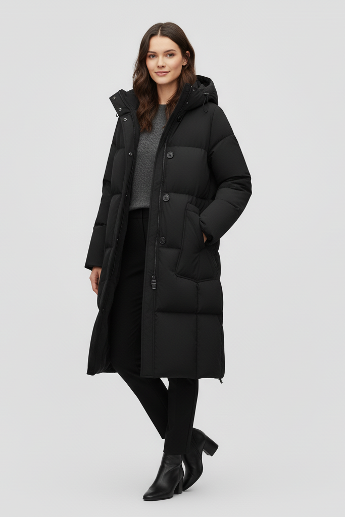Woman wearing a black puffer coat on a white background