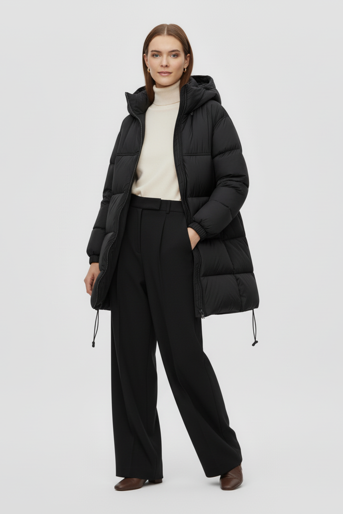 Woman wearing a black puffer coat on a white background