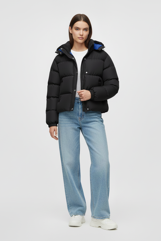 Woman wearing a black puffer jacket with blue interior against a neutral background