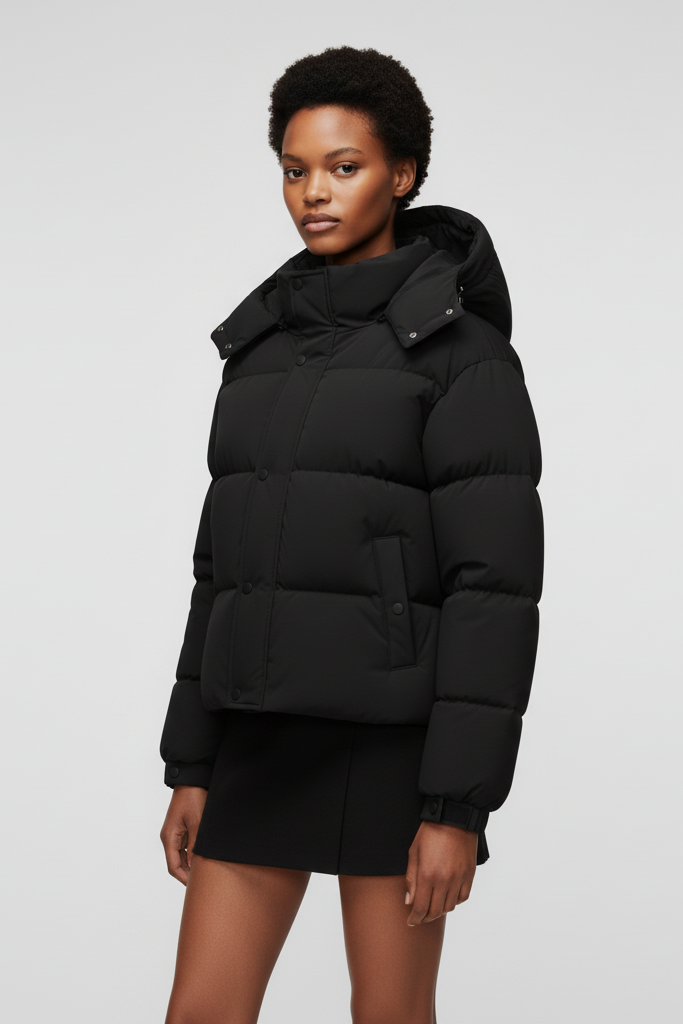 Woman wearing a black puffer jacket and cap standing in an urban setting.