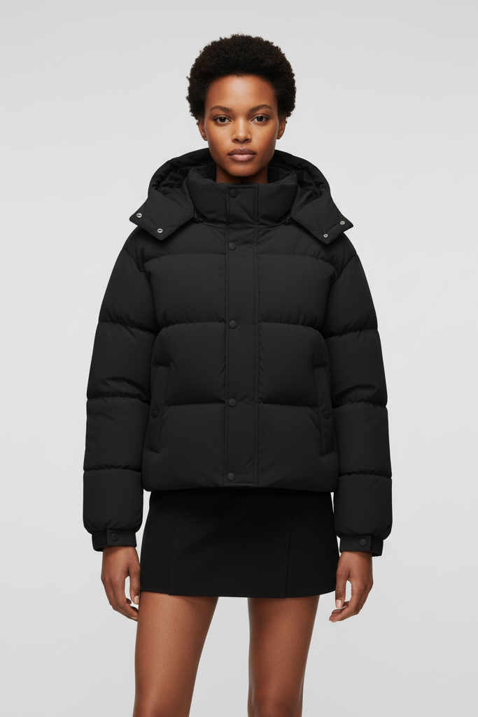 Woman wearing a black puffer jacket, white crop top, and blue jeans against a gray wall.