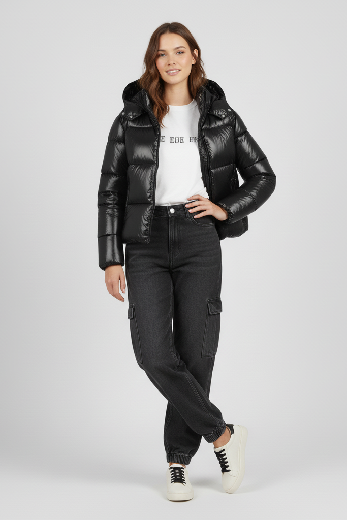 Woman wearing a black puffer jacket, white shirt, and black pants on a light gray background