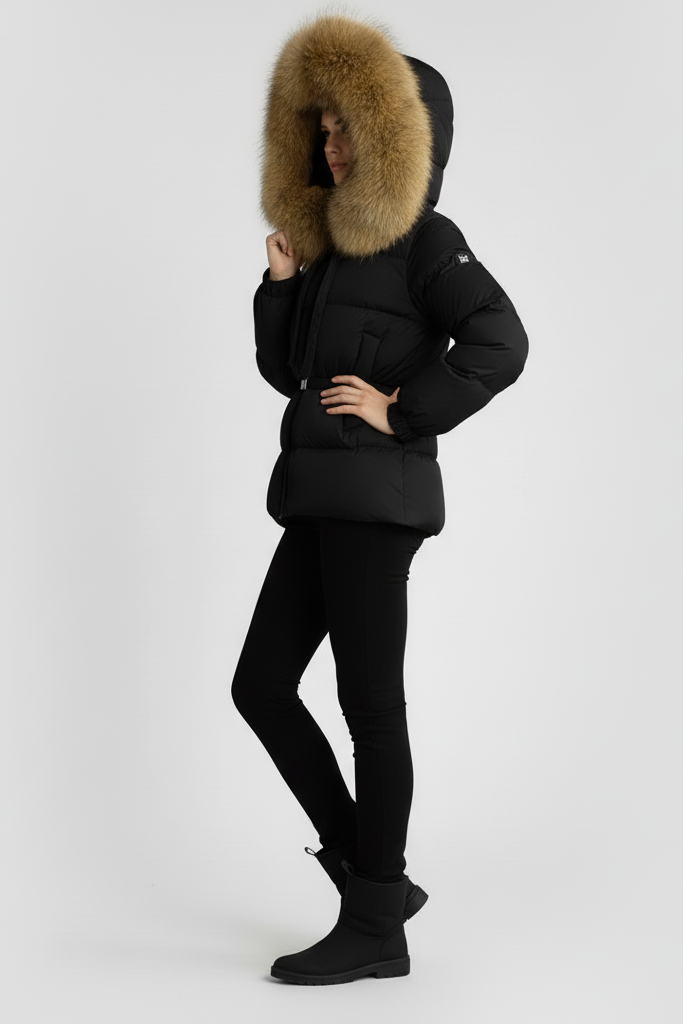 Woman wearing a black puffer jacket with a fur-lined hood on a light gray background
