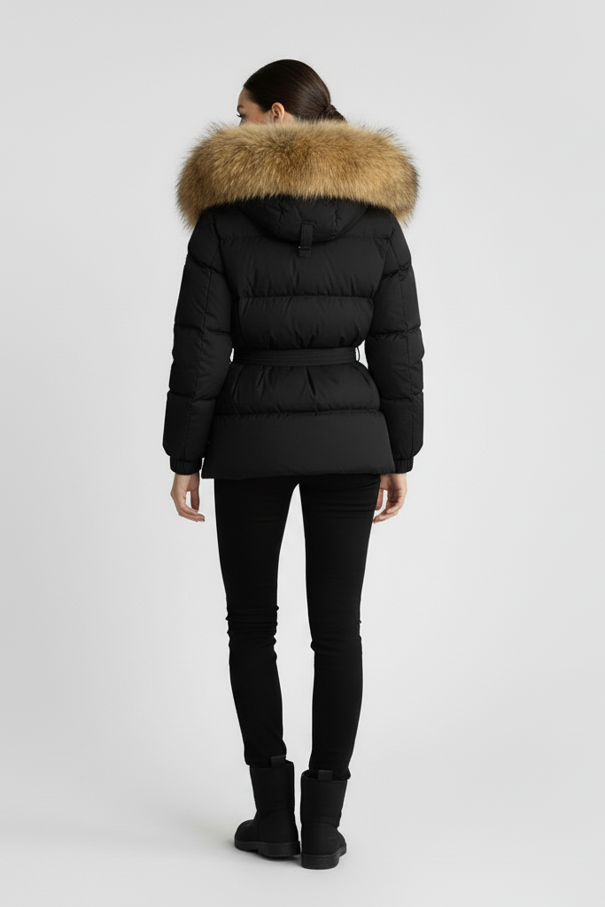 Woman wearing a black puffer jacket with a fur-lined hood on a light gray background