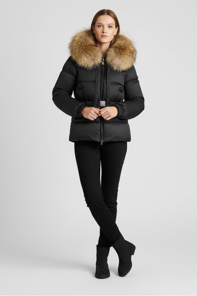 Woman wearing a black puffer jacket with a fur-lined hood on a light gray background