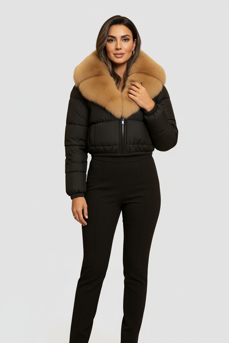 Woman wearing a black puffer jacket with a fur hood on a white background
