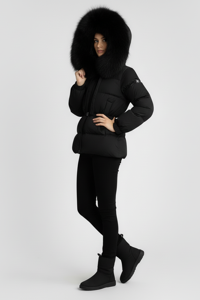 Woman wearing a black puffer jacket with fur hood on a light gray background