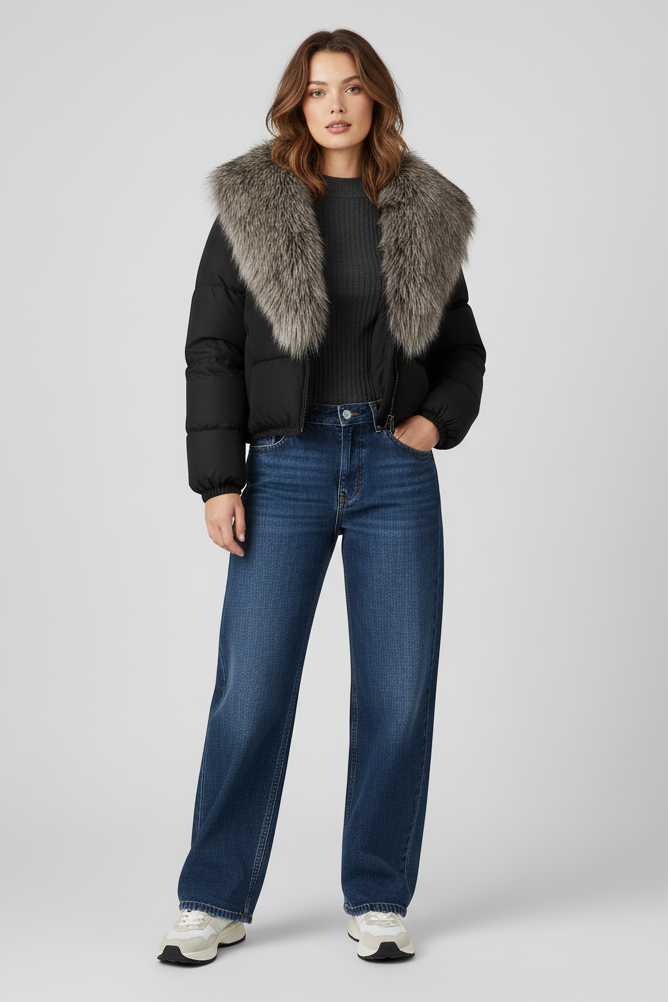Woman wearing a black puffer jacket with fur collar and blue jeans on a white background