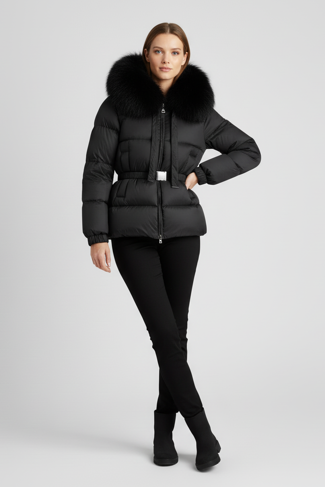 Woman wearing a black puffer jacket with fur hood on a light gray background