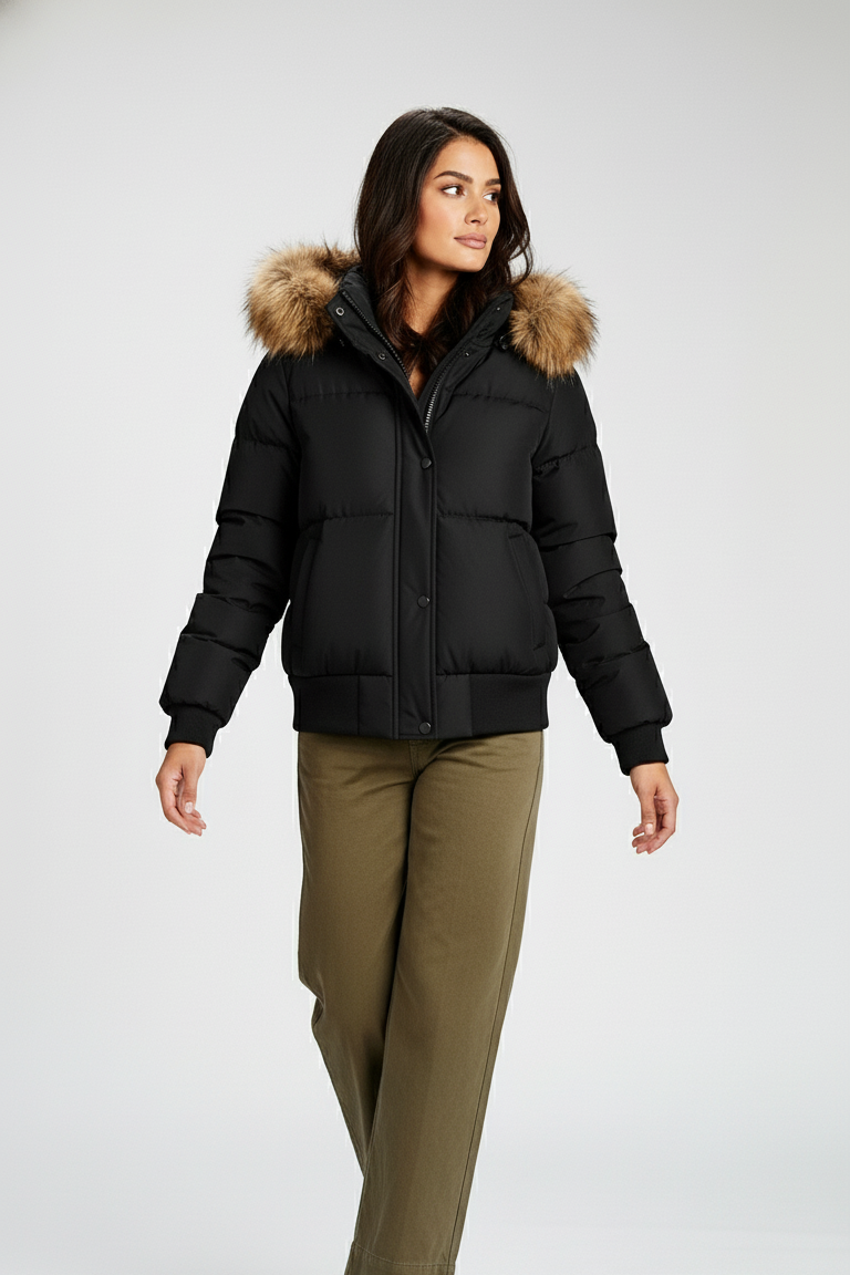 Woman wearing a black puffer jacket with fur hood on a white background