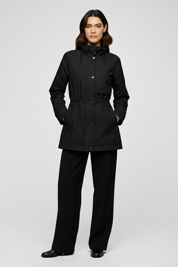 Woman wearing a black raincoat and pants on a light gray background