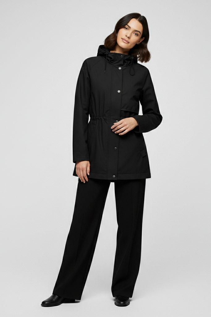 Woman wearing a black raincoat and pants on a white background