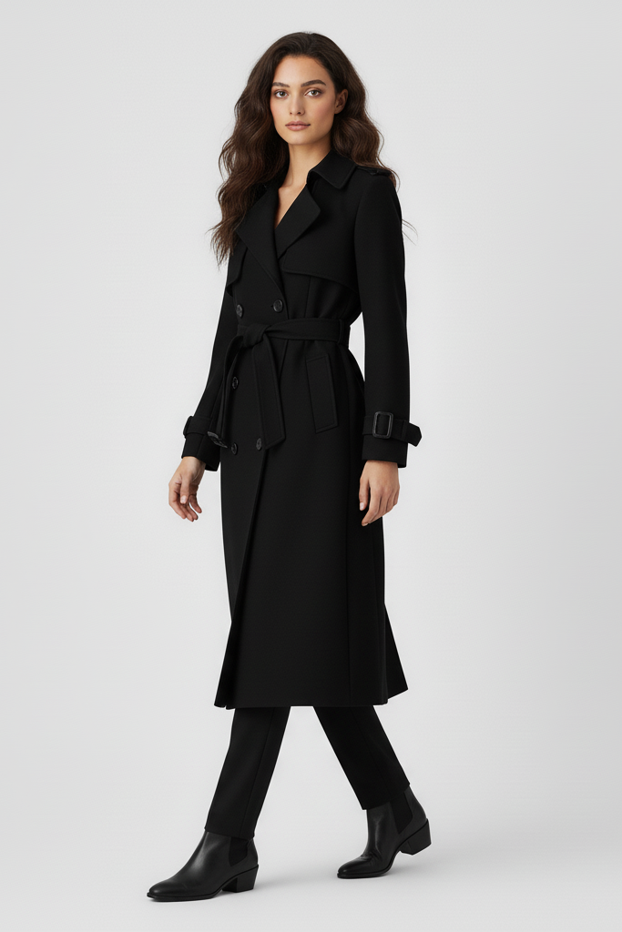 Woman wearing a black trench coat on a white background