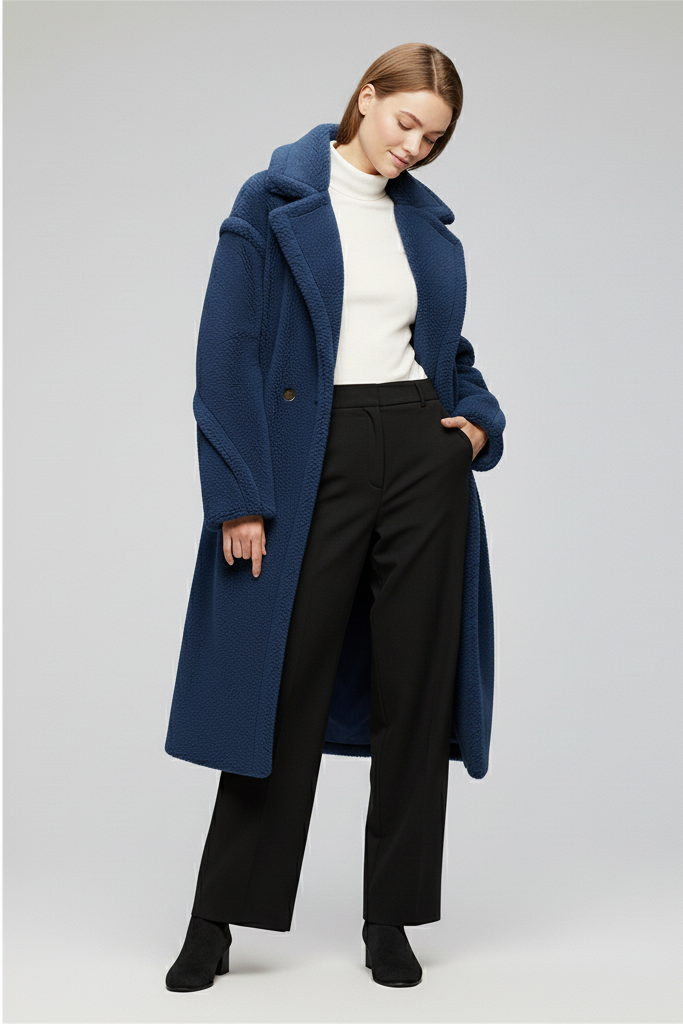 Woman wearing a blue coat on a light gray background