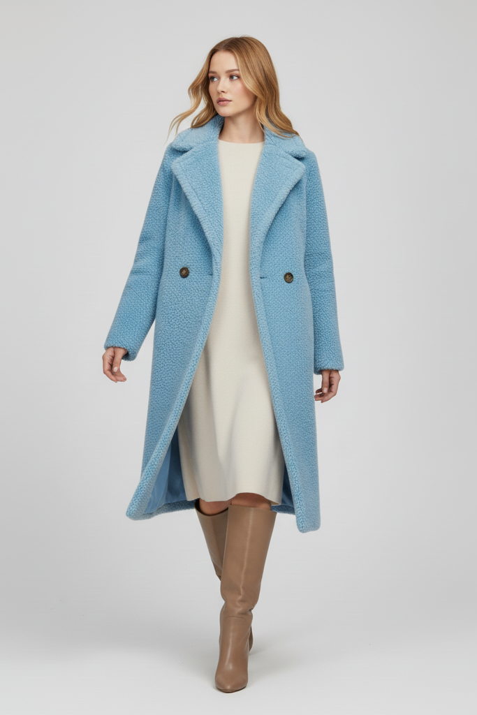 Woman wearing a blue coat on a plain background