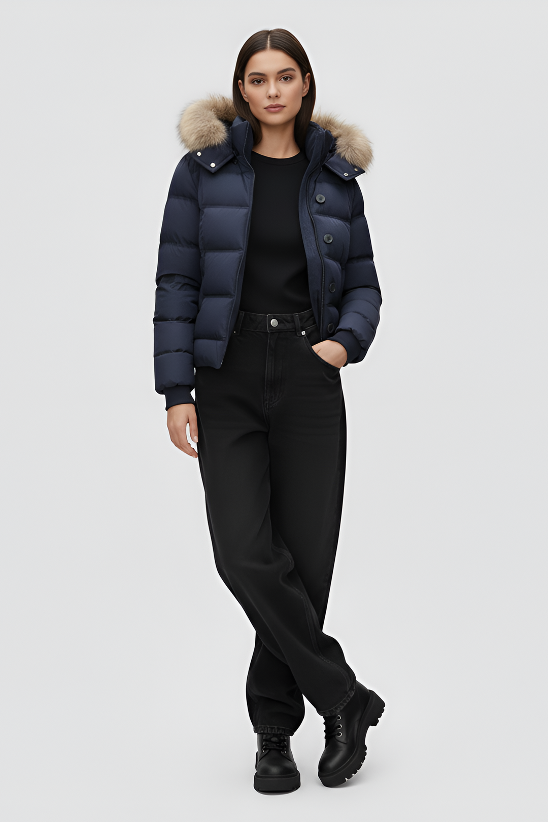 Woman wearing a blue puffer jacket, white shirt, and gray pants on a plain background