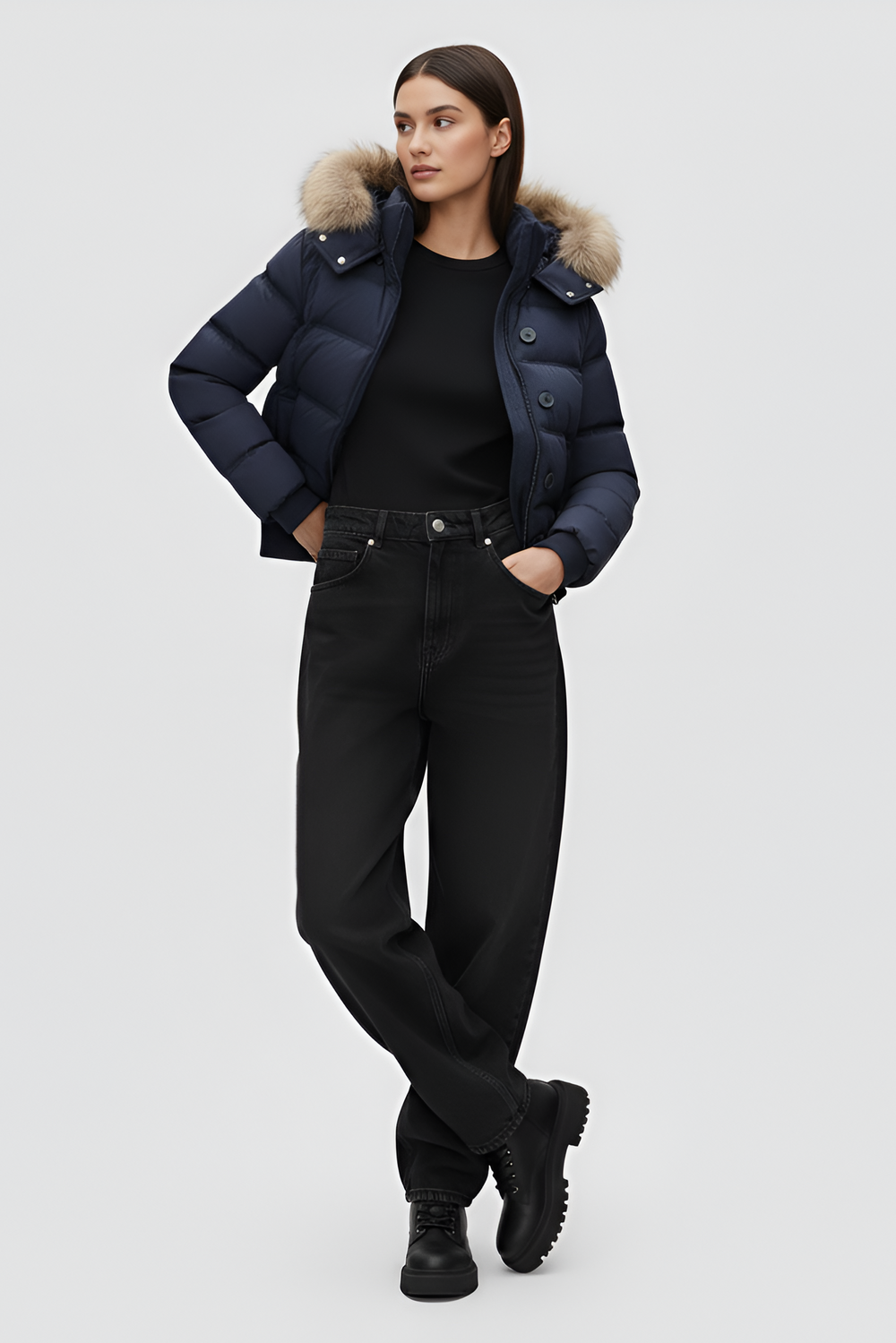 Woman wearing a blue puffer jacket, white shirt, and gray pants on a plain background