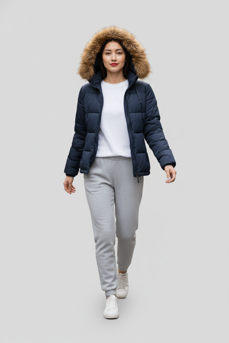 Woman wearing a blue puffer jacket, white shirt, and gray pants on a plain background