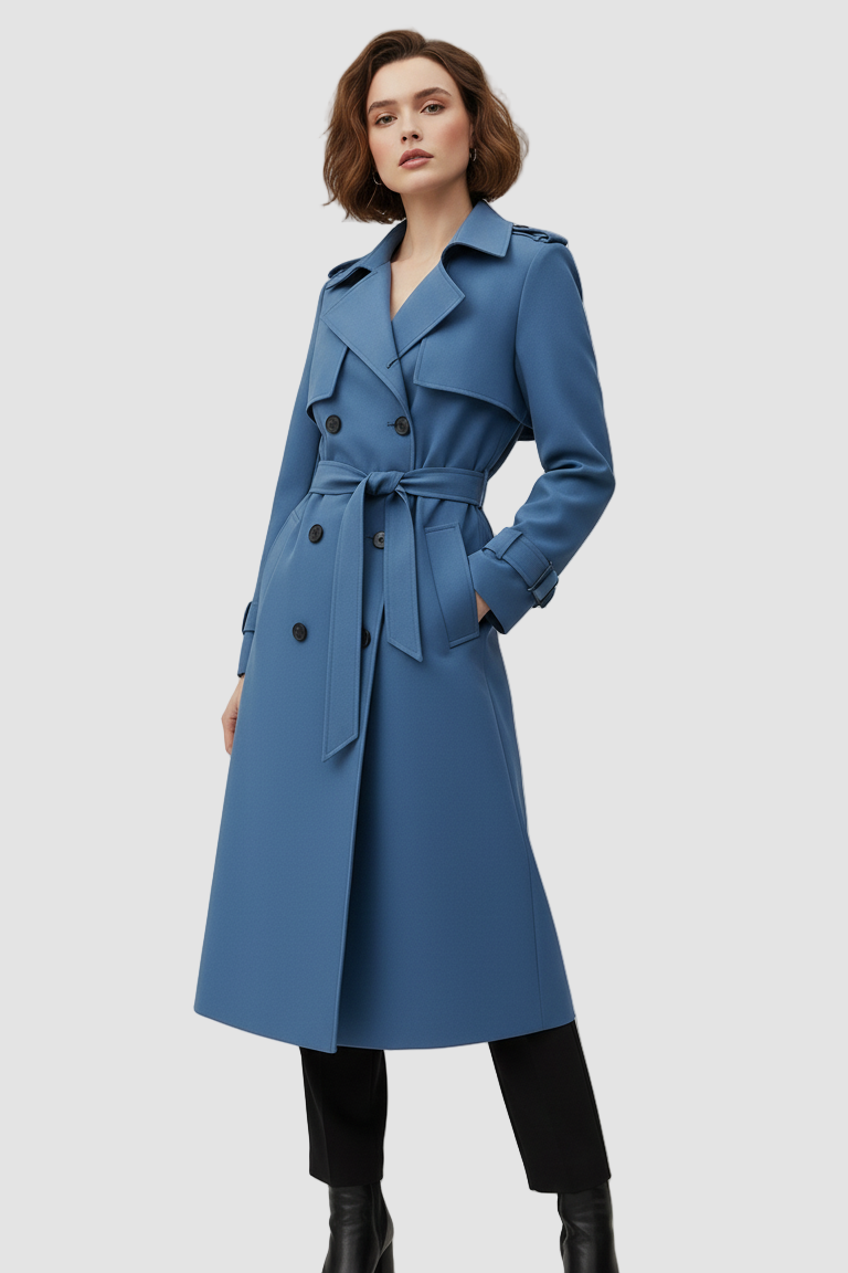 Woman wearing a blue trench coat on a gray background