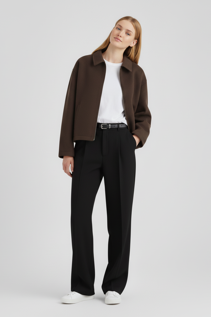 Woman wearing a brown coat and black pants on a light gray background