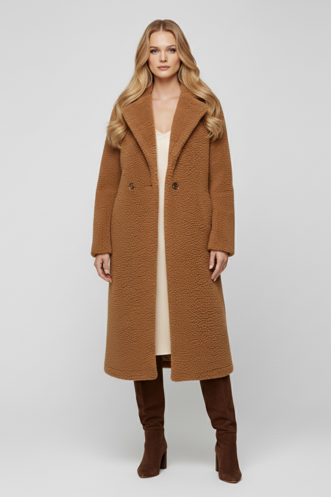 Woman wearing a brown coat and boots on a white background