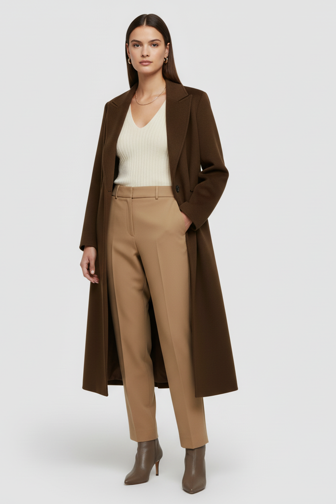 Woman wearing a brown coat, beige pants, and white top on a white background