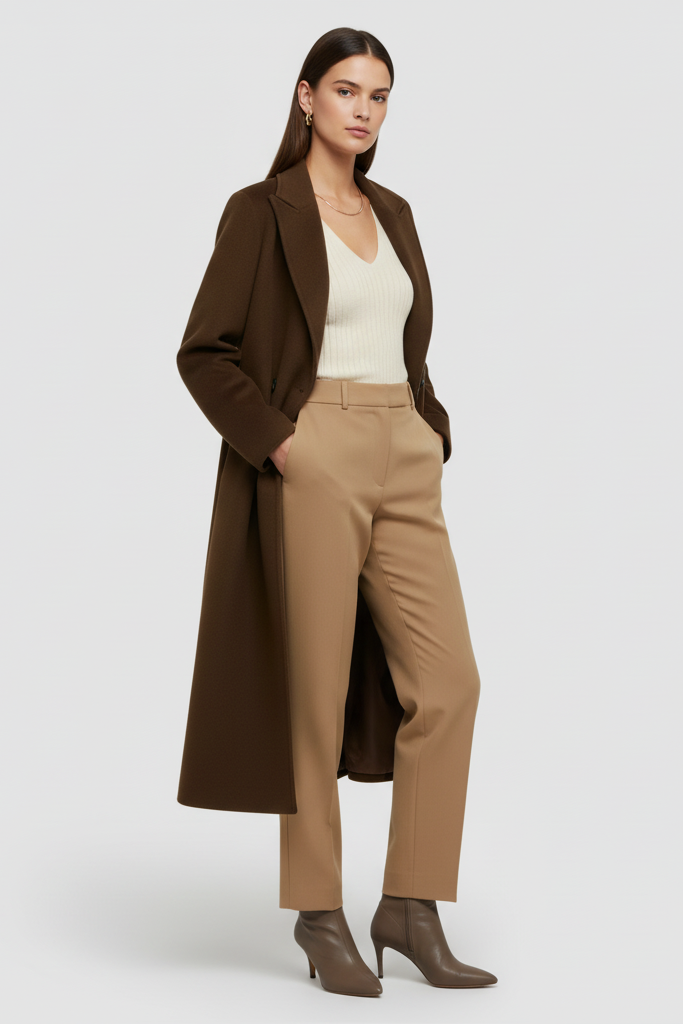 Woman wearing a brown coat, beige top, and tan pants on a white background