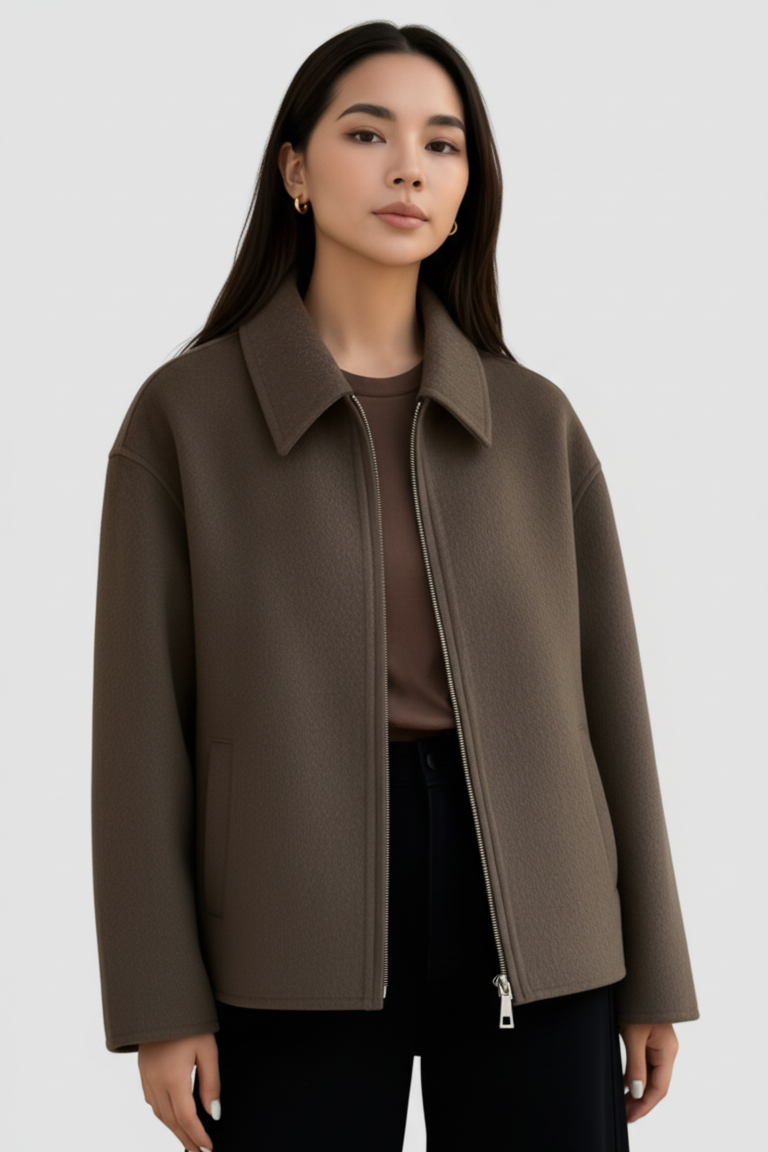 Woman wearing a brown coat on a white background