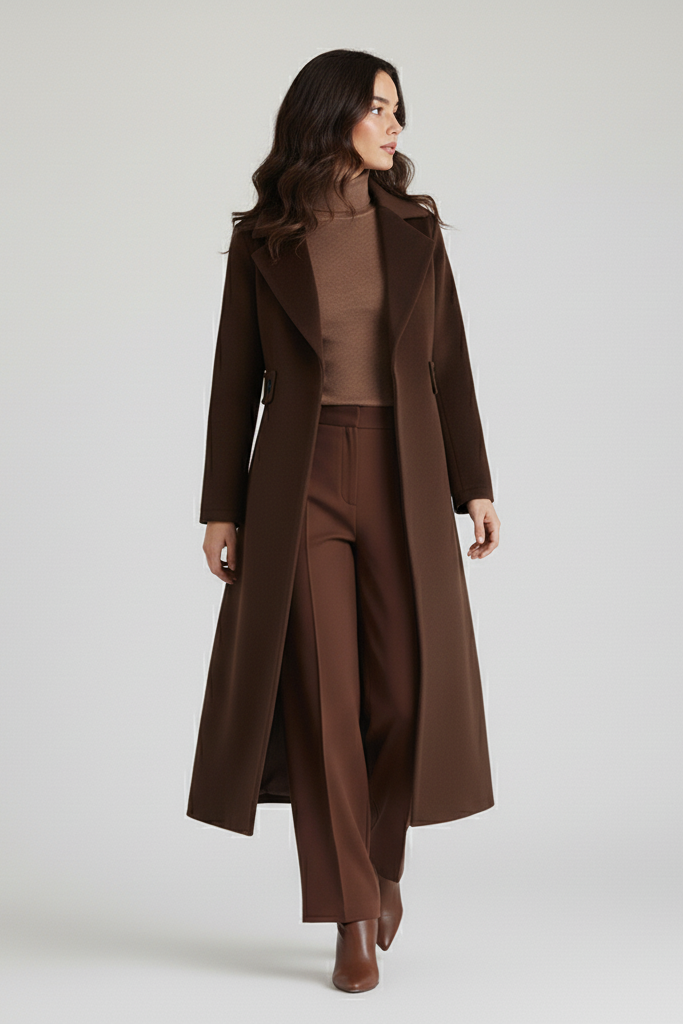 Woman wearing a brown coat and pants on a white background